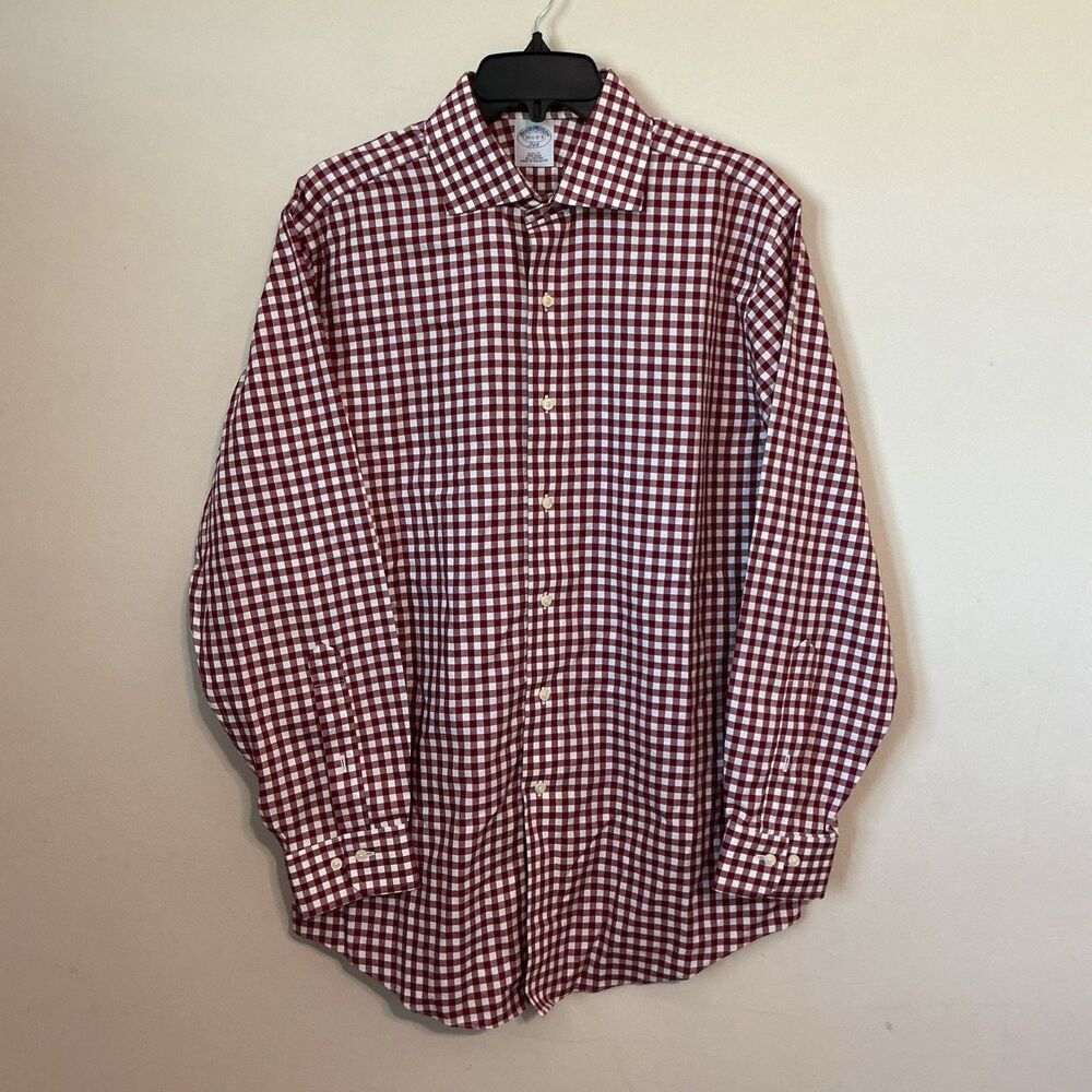 Brooks Brothers Red Plaid 100% Cotton Non-Iron Button-Down Size 15 1/2 Slim